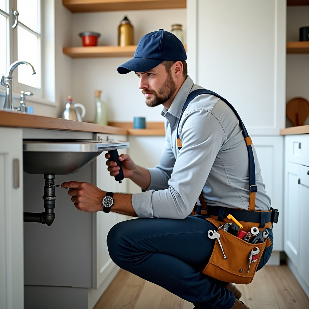 Licensed plumber repairing pipes under a kitchen sink